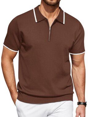 Men's Brown Zipper Polo Shirt Casual Knit Short Sleeve Classic Fit Tee Style